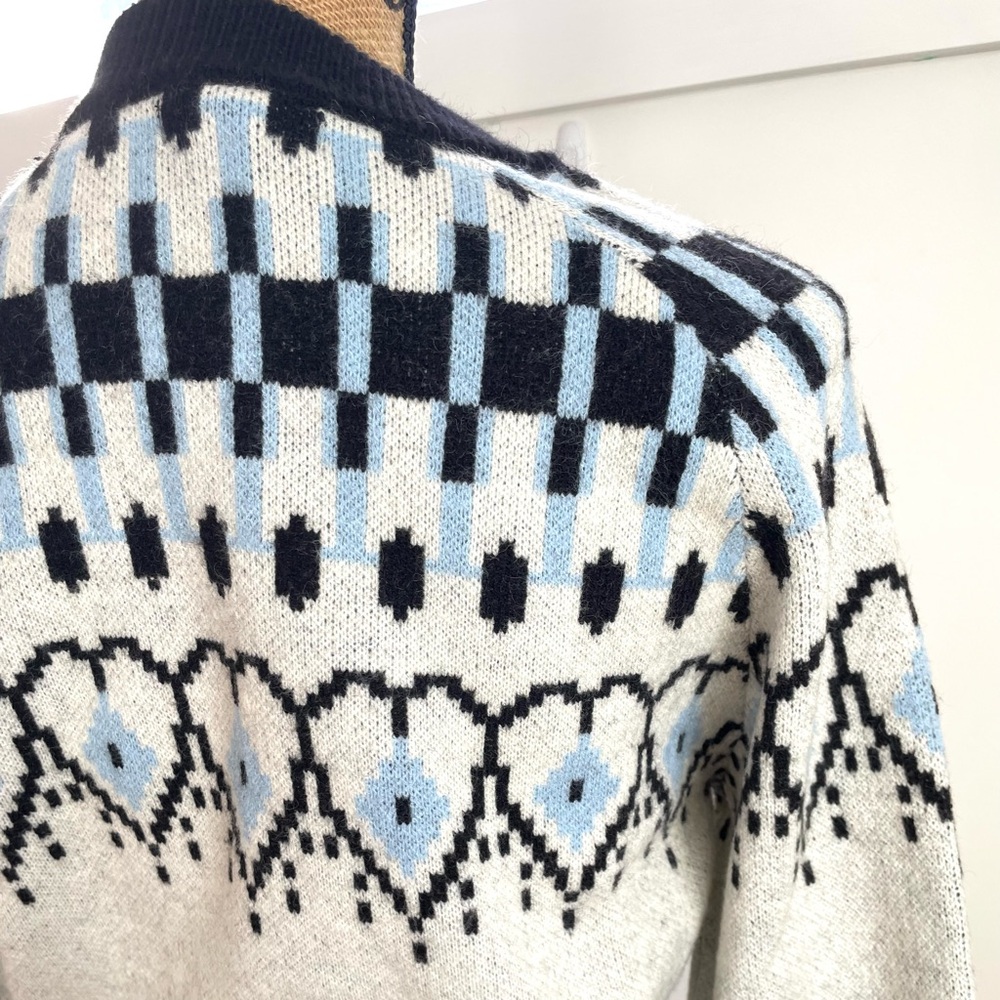Fair Isle Scandi Pullover Sweater, Pretty Balloon Sleeve, Ivory Blue Black Heart - Picture 10 of 14